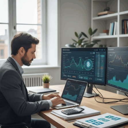 Consultor tributário analisando gráficos de criptomoedas no notebook, representando um guia prático sobre tributação de cripto em 2025 para IRPF e IRPJ.