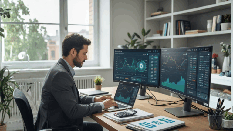 Consultor tributário analisando gráficos de criptomoedas no notebook, representando um guia prático sobre tributação de cripto em 2025 para IRPF e IRPJ.