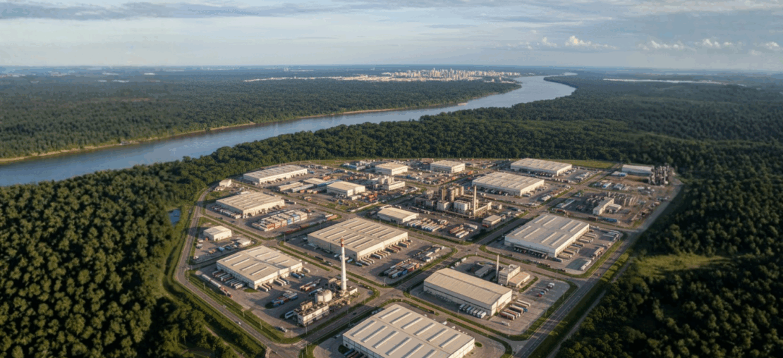 Consultor tributário em escritório analisando relatórios e mapa do Brasil com a região do Amazonas em destaque, representando o debate sobre preservação de incentivos da Zona Franca de Manaus após a reforma tributária.