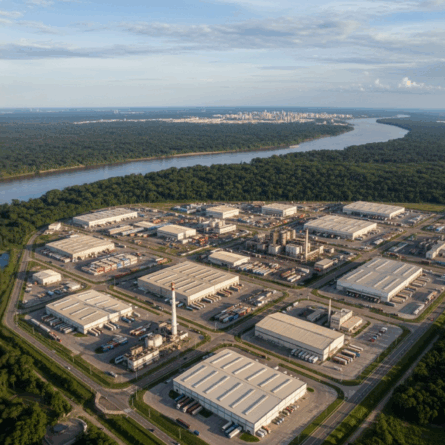 Consultor tributário em escritório analisando relatórios e mapa do Brasil com a região do Amazonas em destaque, representando o debate sobre preservação de incentivos da Zona Franca de Manaus após a reforma tributária.